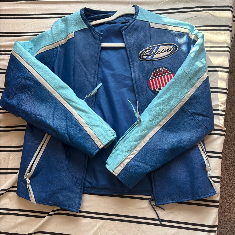 Blue and Light Blue Leather Jacket
